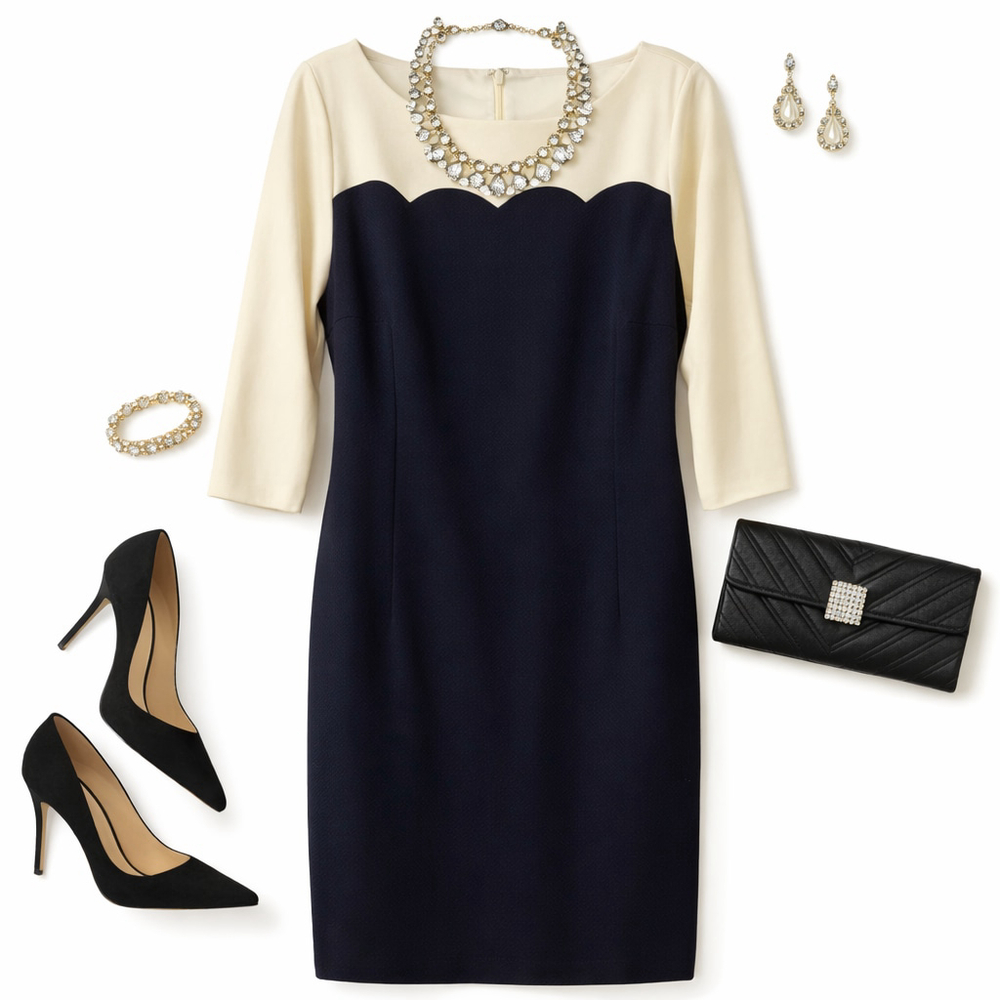 Talbots Navy & Cream Scalloped Sheath Dress Size 12